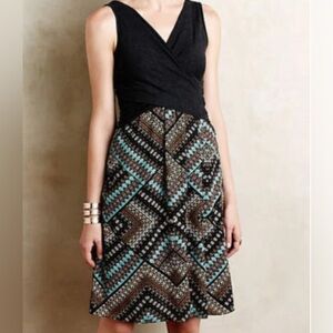 Anthropologie Black & Turquoise Patterned Wrap-Top Dress